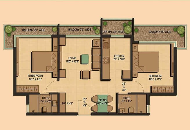 Floor plan of 2 BHK 569 Sq. Ft. Apartment in Ahuja Prasadam, Thane