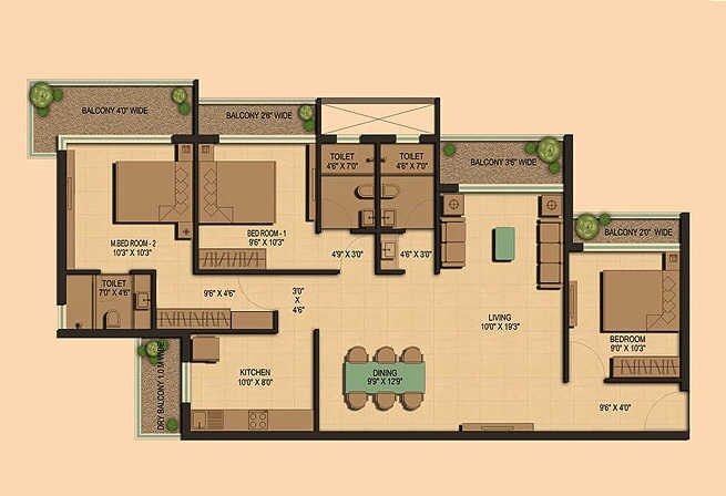 Floor plan of 3 BHK 714 Sq. Ft. Apartment in Ahuja Prasadam Phase 3, Thane