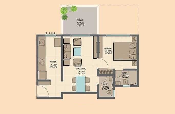 Floor plan of 1 BHK 725 Sq. Ft. Apartment in Ahuja Prasadam Phase II, Thane