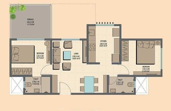 Floor plan of 2 BHK 990 Sq. Ft. Apartment in Ahuja Prasadam Phase II, Thane