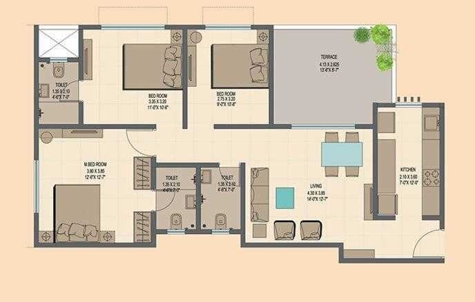 Floor plan of 3 BHK 1600 Sq. Ft. Apartment in Ahuja Prasadam Phase II, Thane