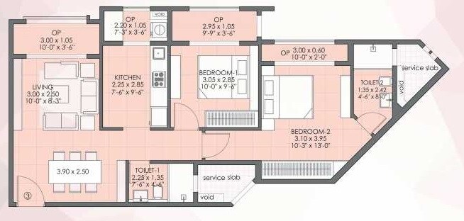 Floor plan of 2 BHK 612 Sq. Ft. Apartment in Ahuja Utsav, Thane