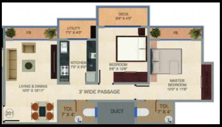 Floor plan of 2 BHK 875 Sq. Ft. Apartment in Aims Sea View, Thane