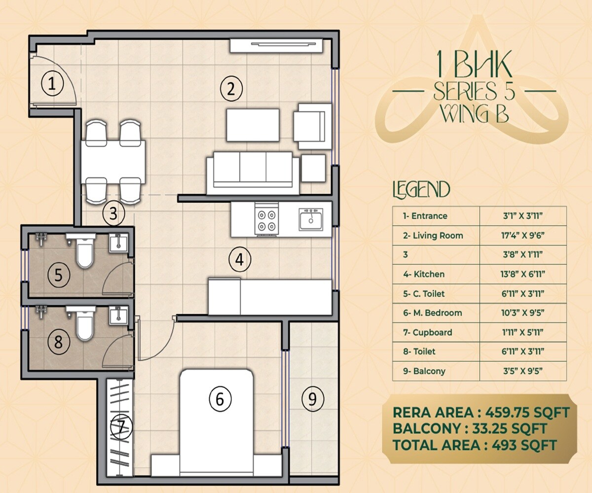 Floor plan of 1 BHK 493 Sq. Ft. Apartment in Ajita CHS, Thane