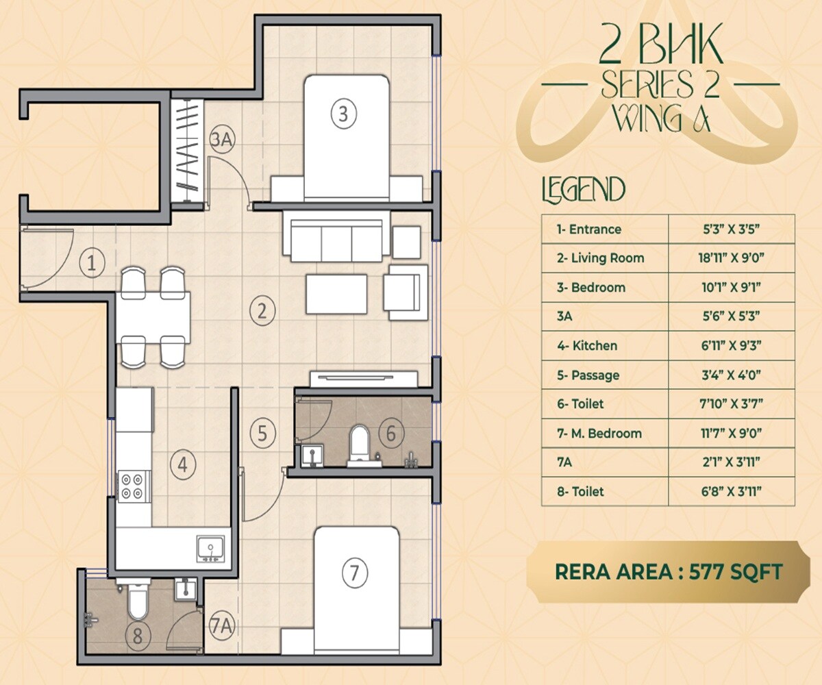 Floor plan of 2 BHK 577 Sq. Ft. Apartment in Ajita CHS, Thane