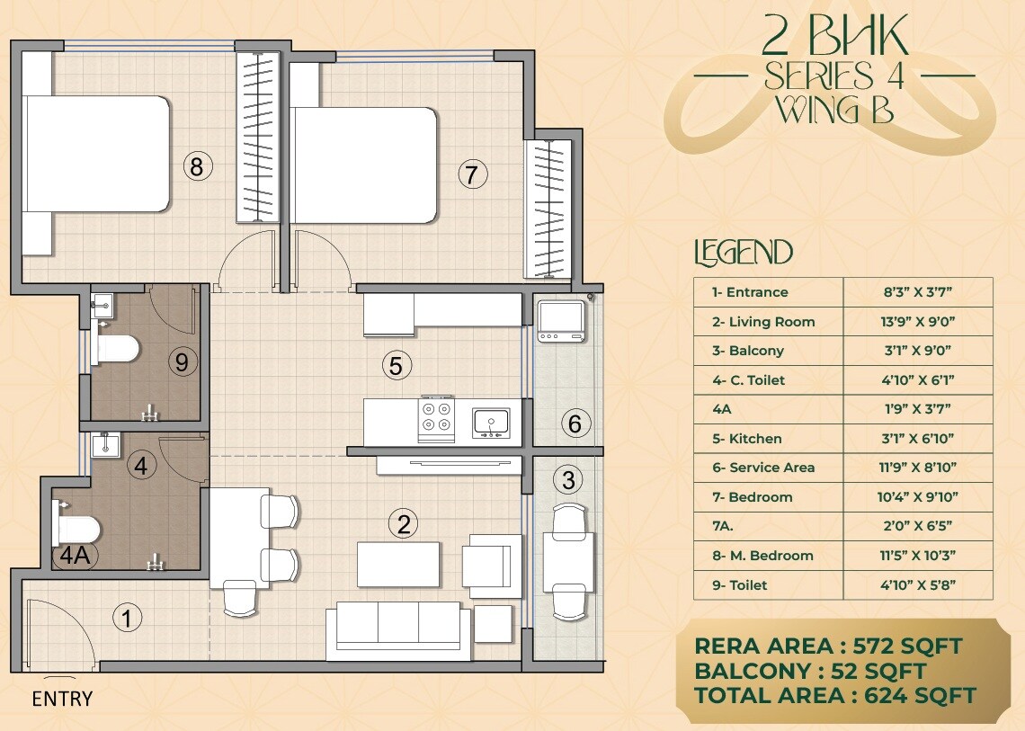 Floor plan of 2 BHK 624 Sq. Ft. Apartment in Ajita CHS, Thane