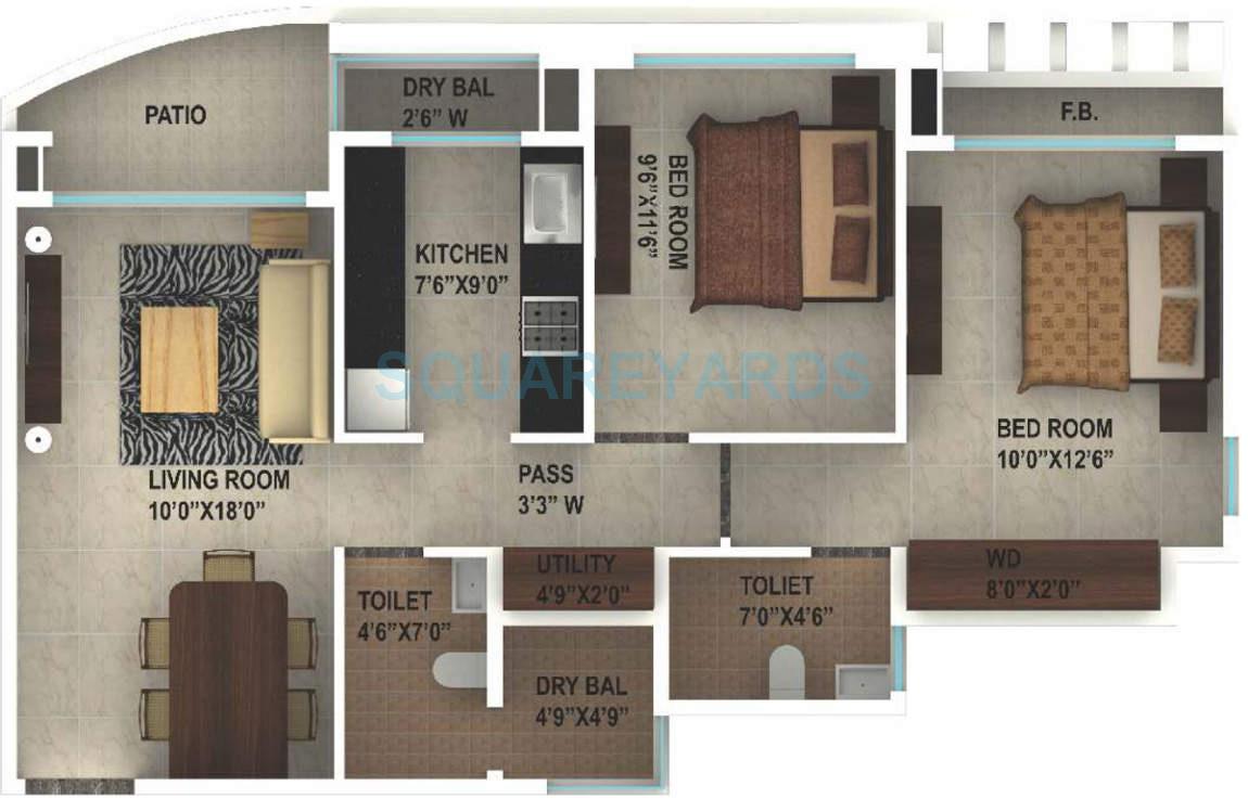 Floor plan of 2 BHK 925 Sq. Ft. Apartment in Ajmera Yogidham Emerald, Thane