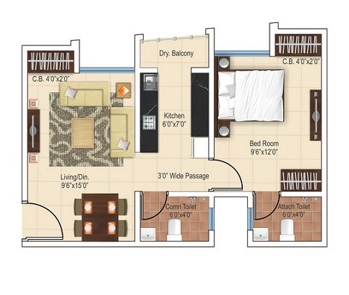 Floor plan of 1 BHK 409 Sq. Ft. Apartment in Ajmera Heritage City, Thane