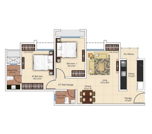 Floor plan of 2 BHK 636 Sq. Ft. Apartment in Ajmera Heritage City, Thane