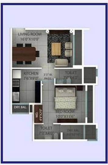 1 BHK 597 Sq. Ft. Apartment