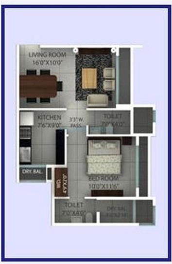 Floor plan of 1 BHK 598 Sq. Ft. Apartment in Ajmera Onyx, Thane