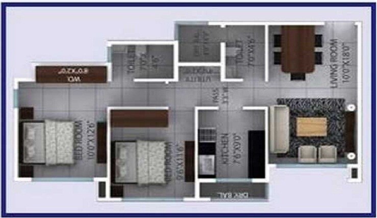 Floor plan of 2 BHK 925 Sq. Ft. Apartment in Ajmera Onyx, Thane