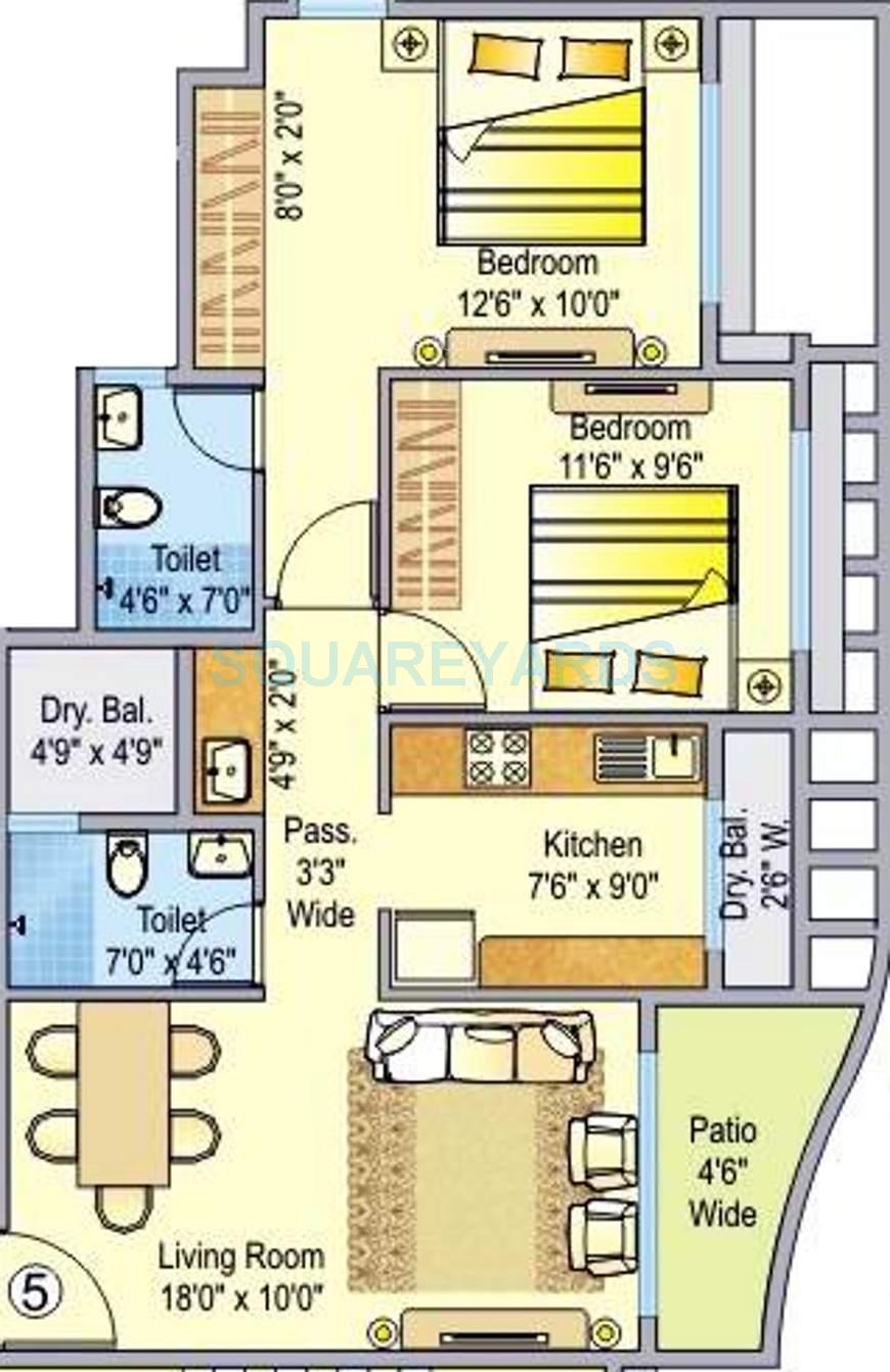 Floor plan of 2 BHK 925 Sq. Ft. Apartment in Ajmera Rosemary And Rosewood, Thane