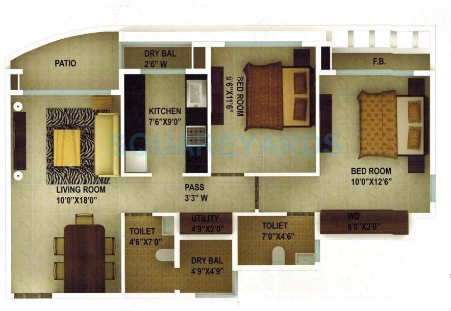 Floor plan of 2 BHK 925 Sq. Ft. Apartment in Ajmera Yogidham Ruby, Thane