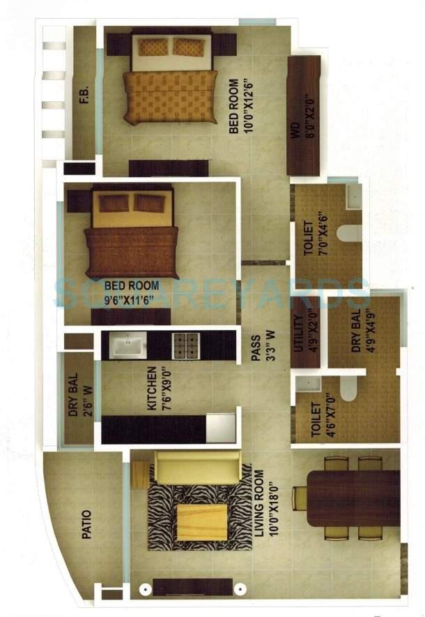 Floor plan of 2 BHK 925 Sq. Ft. Apartment in Ajmera Yogidham Sapphire, Thane