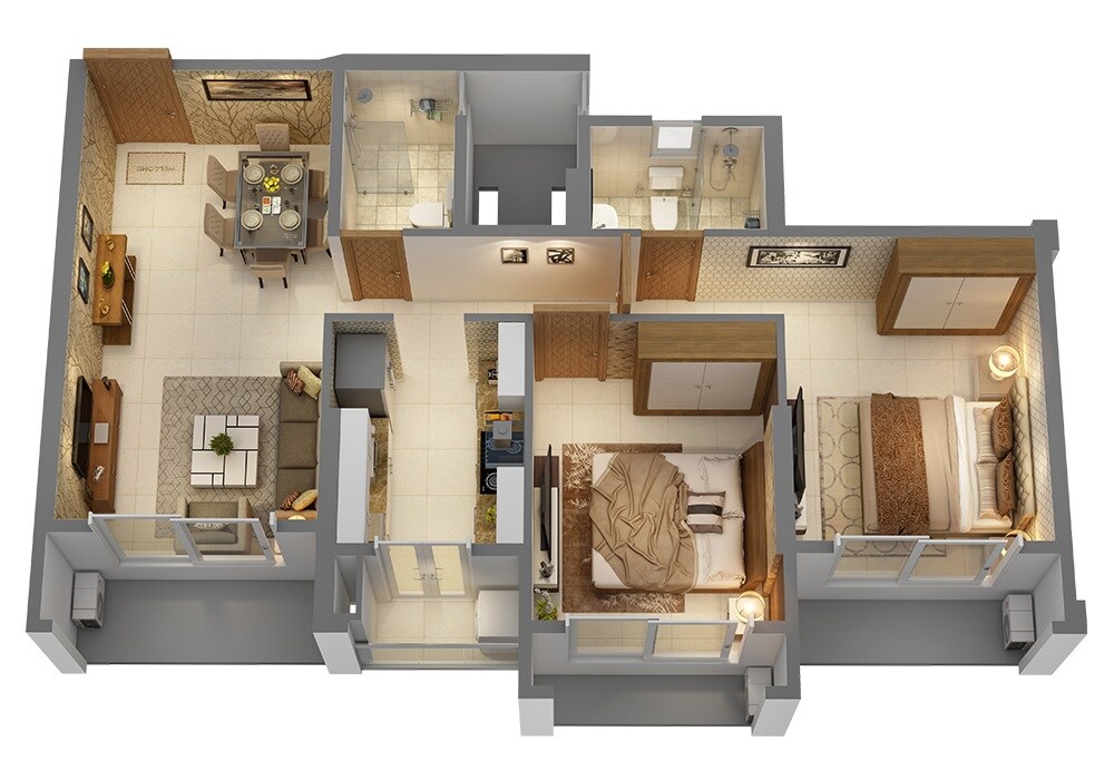 Floor plan of 2 BHK 673 Sq. Ft. Apartment in Ajmera Yogi Dham Phase III, Thane