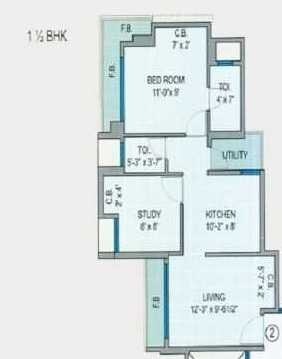 Floor plan of 1 BHK 844 Sq. Ft. Apartment in Akanksha Rainart, Thane