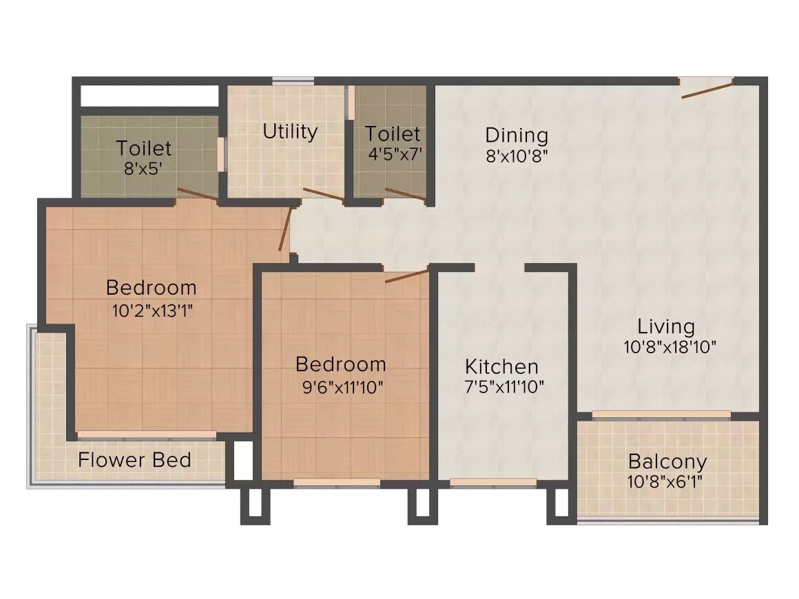 Floor plan of 2 BHK 1144 Sq. Ft. Apartment in Akanksha Rainart, Thane