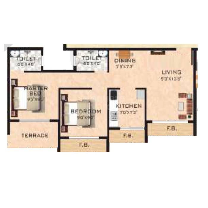 Floor plan of 2 BHK 379 Sq. Ft. Apartment in Akshar Atmiya Luxuria, Thane