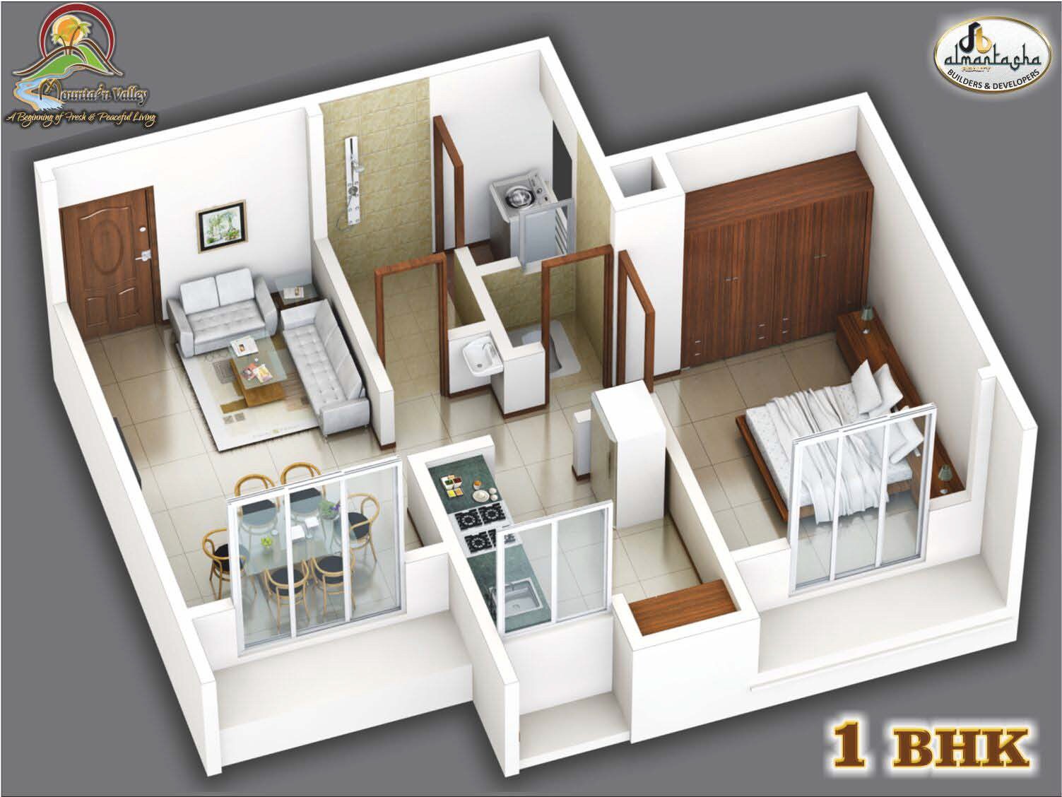 Floor plan of 1 BHK 339 Sq. Ft. Apartment in Al Mantasha Mountain Valley, Thane