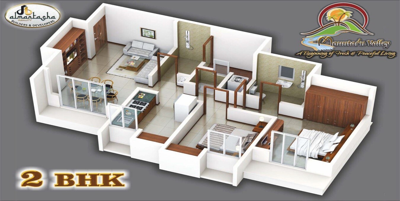 Floor plan of 2 BHK 498 Sq. Ft. Apartment in Al Mantasha Mountain Valley, Thane