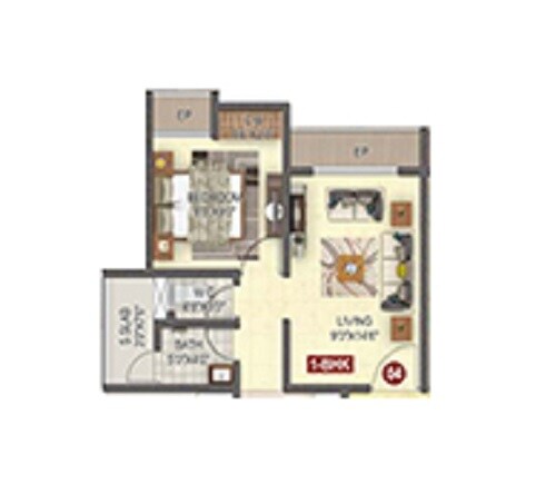 Floor plan of 1 BHK 404 Sq. Ft. Apartment in AL Mantasha The Heavens Palace, Thane