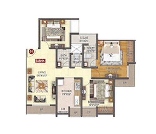 Floor plan of 3 BHK 625 Sq. Ft. Apartment in AL Mantasha The Heavens Palace, Thane
