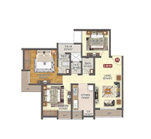 Floor plan of 3 BHK 675 Sq. Ft. Apartment in AL Mantasha The Heavens Palace, Thane