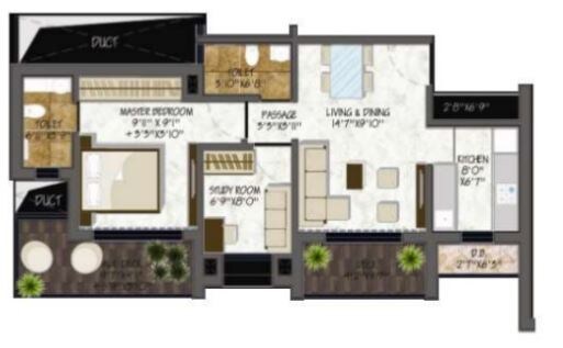 Floor plan of 1 BHK 702 Sq. Ft. Apartment in Alag Abode, Thane