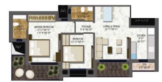 Floor plan of 2 BHK 827 Sq. Ft. Apartment in Alag Abode, Thane