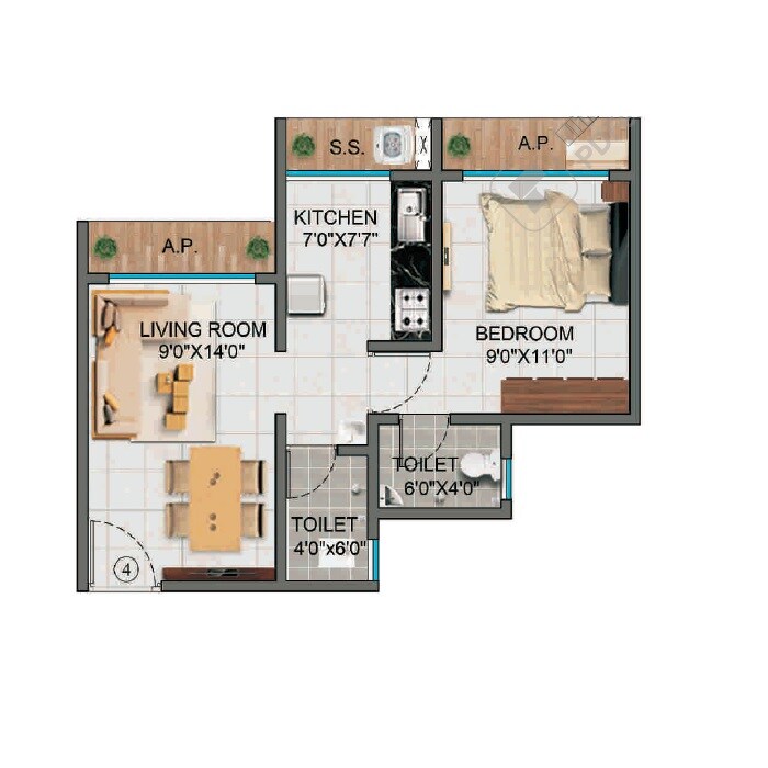 Floor plan of 1 BHK 429 Sq. Ft. Apartment in Alif Pearl Heights, Thane