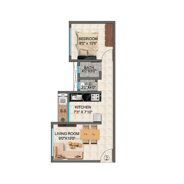 Floor plan of 1 BHK 450 Sq. Ft. Apartment in Alif Pearl Heights, Thane