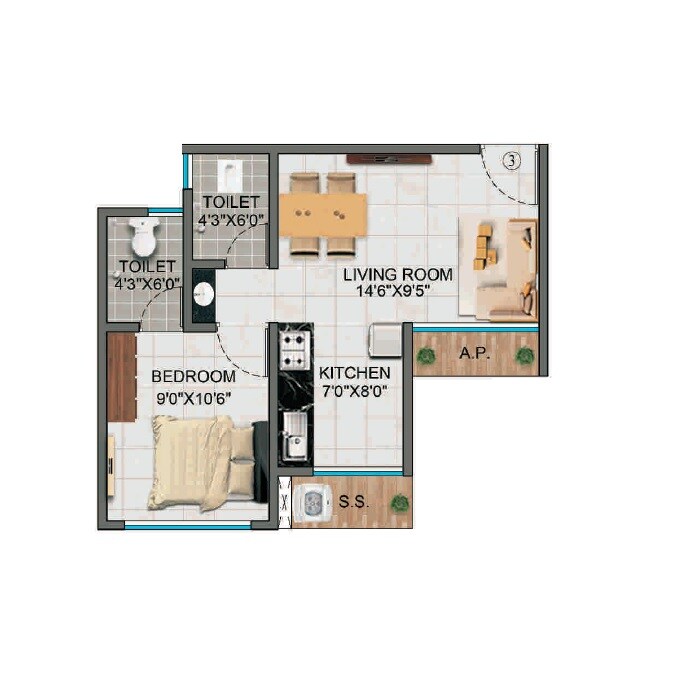 Floor plan of 1 BHK 461 Sq. Ft. Apartment in Alif Pearl Heights, Thane