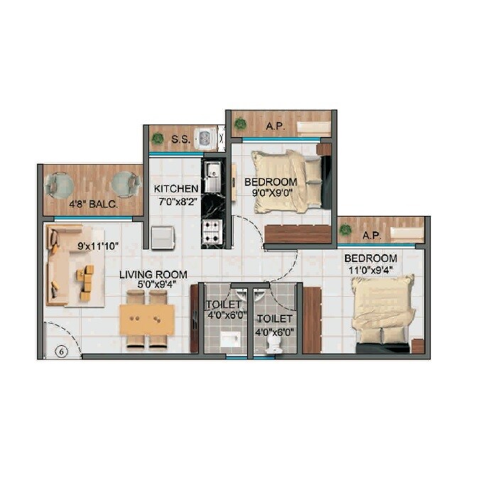 Floor plan of 2 BHK 506 Sq. Ft. Apartment in Alif Pearl Heights, Thane