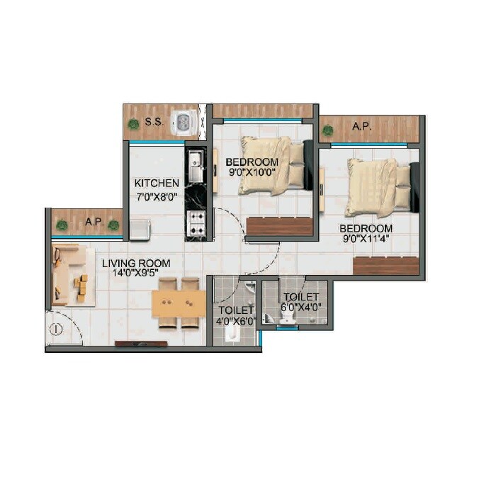 Floor plan of 2 BHK 523 Sq. Ft. Apartment in Alif Pearl Heights, Thane