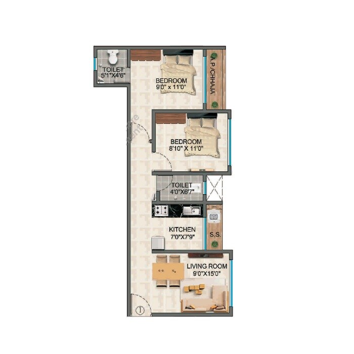 Floor plan of 2 BHK 613 Sq. Ft. Apartment in Alif Pearl Heights, Thane