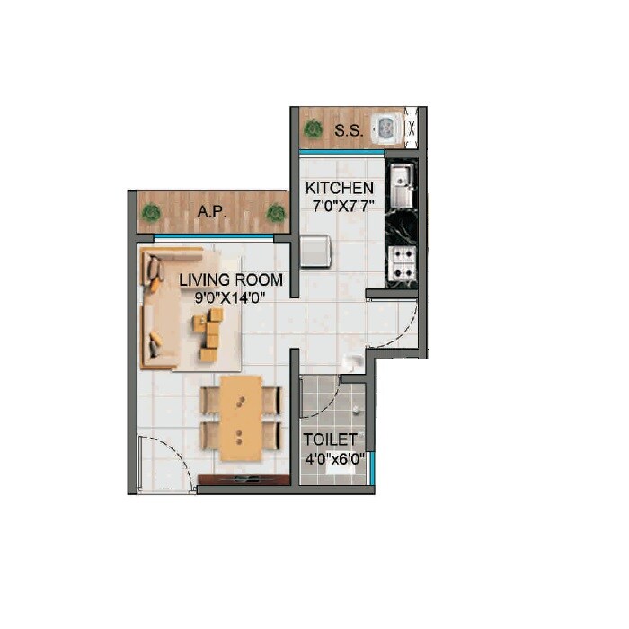 Floor plan of 233 Sq. Ft. Studio in Alif Pearl Heights, Thane