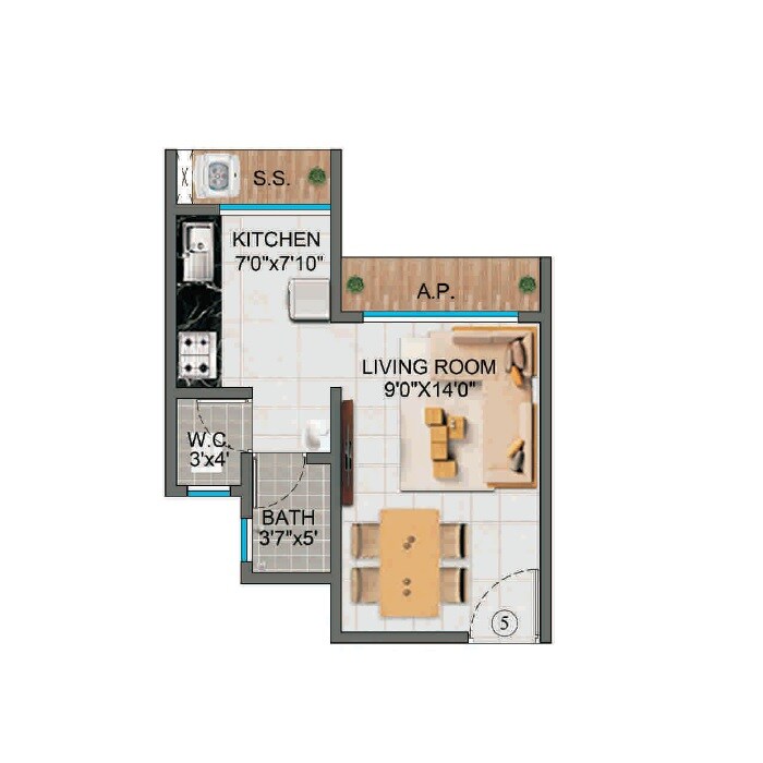 Floor plan of 271 Sq. Ft. Studio in Alif Pearl Heights, Thane