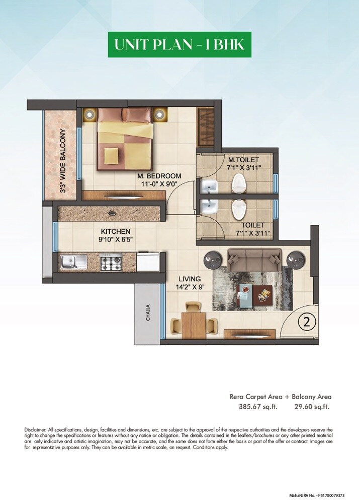 Floor plan of 1 BHK 386 Sq. Ft. Apartment in Amaatra Tropical Bliss, Thane