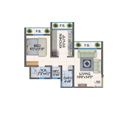 Floor plan of 1 BHK 463 Sq. Ft. Apartment in Amakin Mohammadiya Complex, Thane