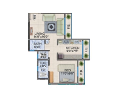 Floor plan of 1 BHK 472 Sq. Ft. Apartment in Amakin Mohammadiya Complex, Thane