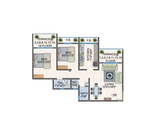 Floor plan of 2 BHK 730 Sq. Ft. Apartment in Amakin Mohammadiya Complex, Thane