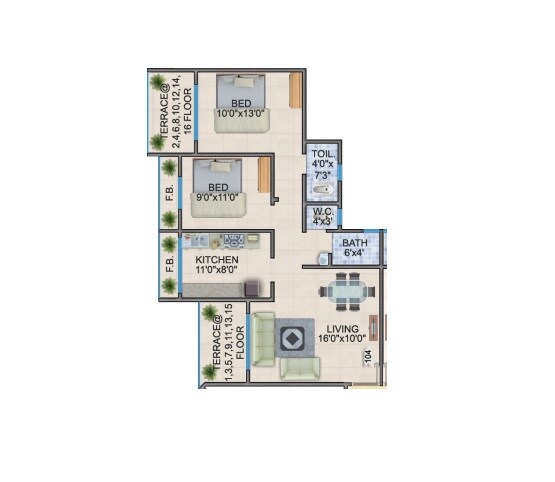 Floor plan of 2 BHK 613 Sq. Ft. Apartment in Amakin Mohammadiya Complex, Thane