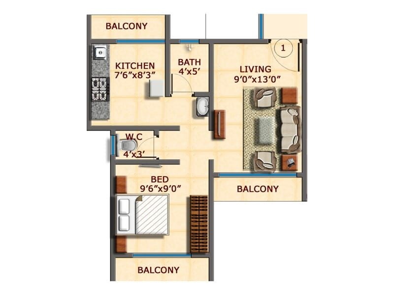 Floor plan of 1 BHK 317 Sq. Ft. Apartment in Amar Elegance, Thane