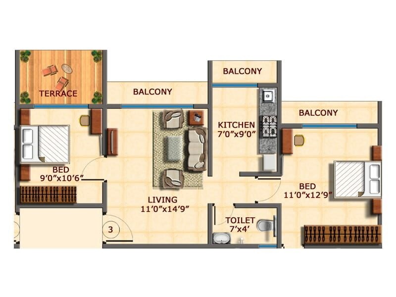 Floor plan of 2 BHK 509 Sq. Ft. Apartment in Amar Elegance, Thane
