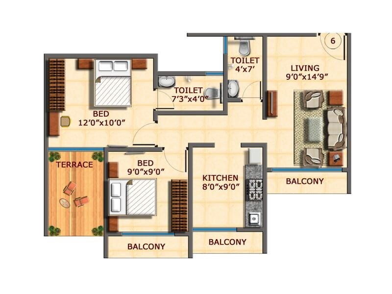 Floor plan of 2 BHK 520 Sq. Ft. Apartment in Amar Elegance, Thane