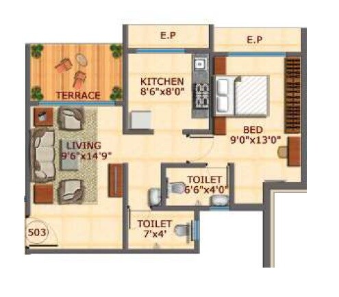Floor plan of 1 BHK 455 Sq. Ft. Apartment in Amar Galaxy Apartment, Thane