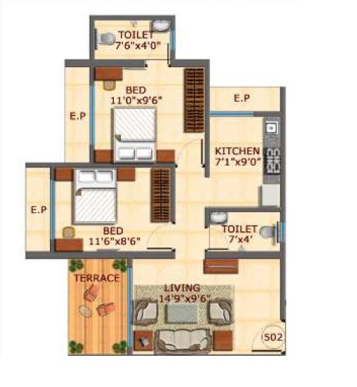 Floor plan of 2 BHK 530 Sq. Ft. Apartment in Amar Galaxy Apartment, Thane