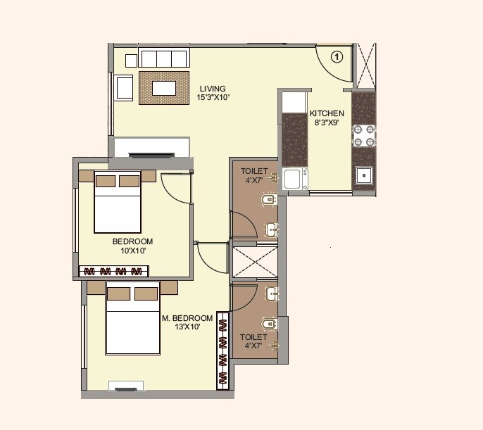 Floor plan of 1 BHK 421 Sq. Ft. Apartment in Amber Elegance, Thane