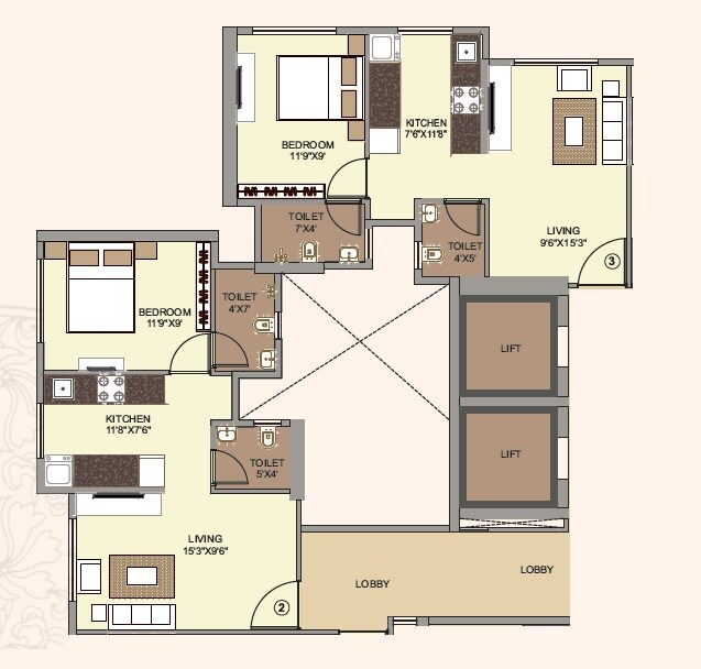 Floor plan of 2 BHK 591 Sq. Ft. Apartment in Amber Elegance, Thane